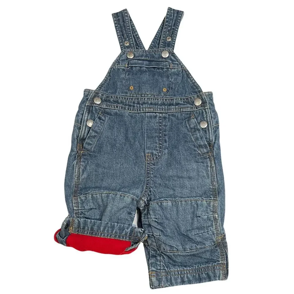 Baby Gap Blue Denim Overalls‎ 3 6 Months Warm Poly Fleece Lined Leg Snaps Cotton